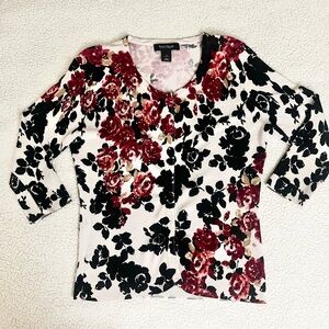 White House Black Market Floral Button Down Shirt - Black and Red